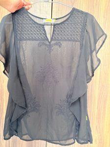 Embroidered Sheer Black Kurta Top