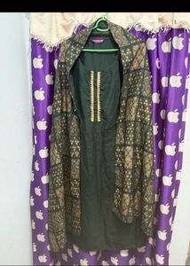 Elegant Dark Green Kurta Set with Printed Dupatta