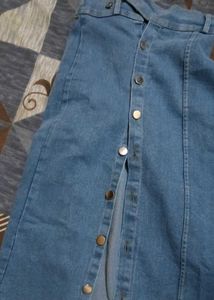 Denim Slit Midi Skirt With Silver Buttons