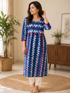 Blue Zigzag Print Kurta with Tassels