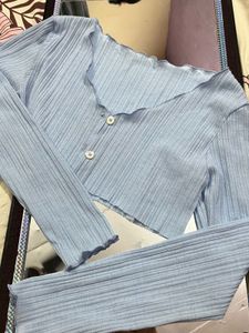 Cute Blue Ribbed Cropped Cardigan