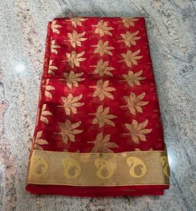 Stunning Red Saree with Gold Motif