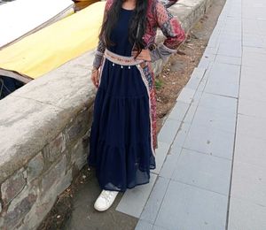 Blue Tiered Ethnic Gown with Printed Jacket