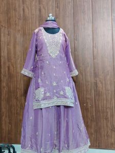 Embroidered Purple Kurta and Skirt Set