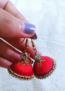 Red Silk Thread Jhumka Earrings