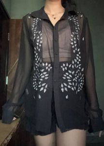 Black Sheer Embroidered Button-Up Shirt