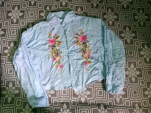 Light Blue Embroidered Cropped Shirt