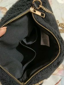Black Faux Fur Sling Bag with Gold Chain
