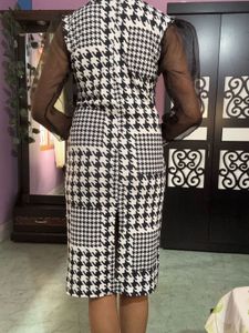 Houndstooth Dress with Sheer Sleeves