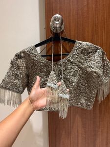 Elegant Metallic Saree with blouse Fringe