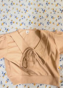 Cute Beige Ribbed Top/Blouse with Tie Collar