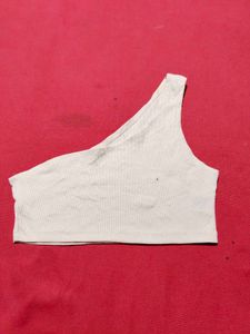 One Shoulder Ribbed Crop Top | Cream | XS