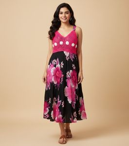Floral Print Dress with Crochet Top