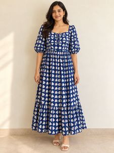 Blue & White Block Print Maxi Dress