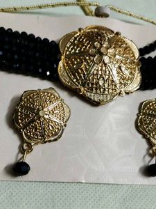 Black Beaded Choker Necklace with Earrings