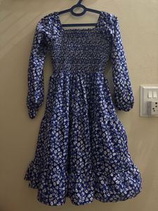 Blue Floral Smocked Midi Dress