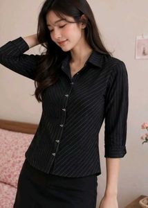 Classic Black Pinstripe Button-Up Shirt💫