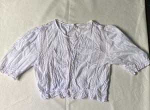 White Lace Trimmed Cropped Blouse