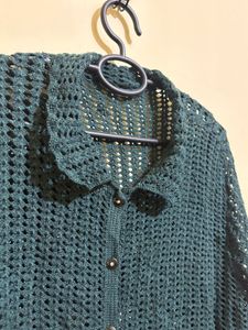 Dark Green Crochet mesh Button-Up Cardigan