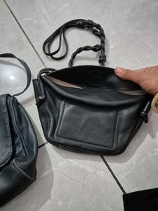 Set of 2 Black Leather Shoulder Bags
