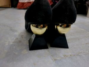 Macy Alfani's First Copy Golden Ball Bottom Heels