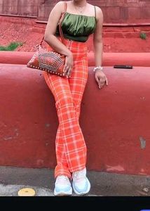 Orange Plaid Flare Pants