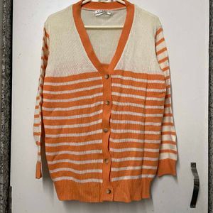 Orange &amp; White Striped Knit Cardigan