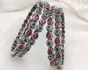 Set Of 4 Oxidised Pink &amp; Green Stone Bangles (2.4)