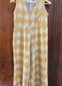 Yellow Leaf Print Sleeveless Jumpsuit