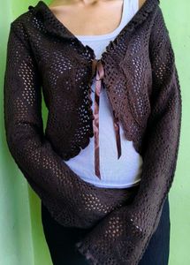 Chic Brown Crocheted Cardigan