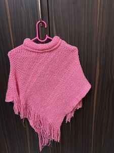Pink Knit Poncho with Fringe