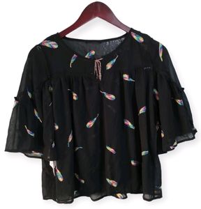 Feather Print Bell Sleeve Top