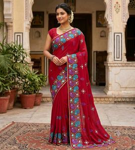 Exquisite Embroidered Red Saree