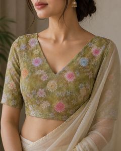 Embroidered Green V-Neck Blouse