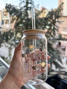 Cute Coffee Time Glass Tumbler with bamboo lid and
