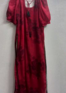 Red Printed Kurta with Puff Sleeves