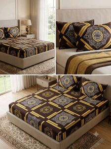 Elegant Brown&Gold Medallion Double Bed Sheet Set