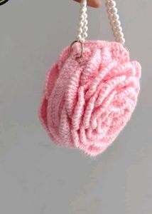 Chic Pink Rose Crochet Handbag with Pearl Strap