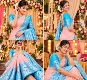 Elegant Pink &amp; Blue Silk Saree