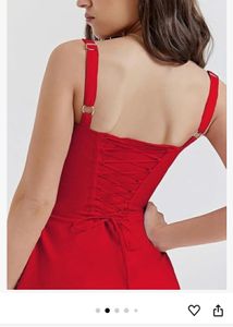 Red A-Line Tie Dress With Drawsting Neck Front