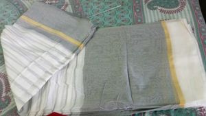 Elegant Grey & White Striped Saree with one meter