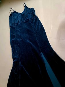 Elegant Navy Velvet Gown with High Slit
