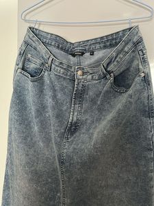 Vintage Acid Wash Denim Maxi Skirt with Slit