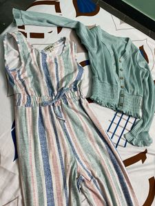 Girls' Striped Jumpsuit & Cardigan
