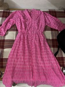 Vibrant Pink Printed Button-Up Midi Dress