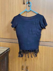 Black Fringed Graphic Print Top