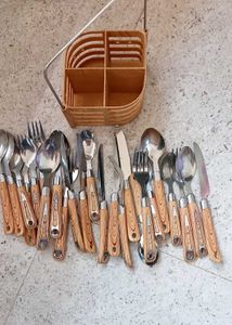 wood Stainless Steel Cutlery Set with Stand 22pcs