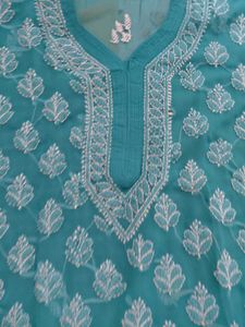 Teal / Turquoise All-Over Floral Chikankari Kurta
