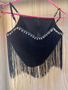Black Fringe Embellished Crop Top