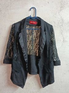 Trendy Black Lace Sleeve Blazer Top Sheer